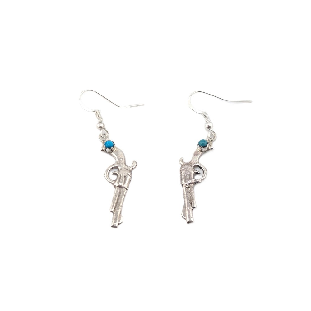 Handmade Navajo Sterling Silver Gun w/ Turquoise Dangle Earrings Western Style** - Picture 6 of 11